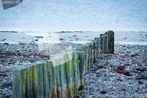 Image of baltic sea background evening wooden wave breaker beach