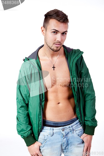 Image of young adult man with green jacket portrait isolated