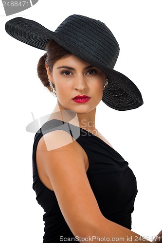 Image of glamour woman with black hat and red lips