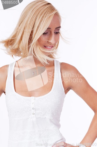 Image of attractive young smiling blonde woman isolated