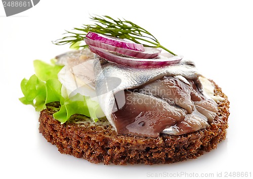 Image of brown bread canape with anchovies decorated with red onion and d