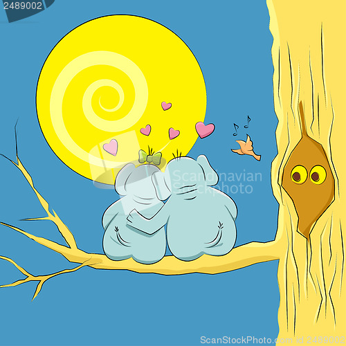 Image of Loving couple elephants on a branch of a large tree. Vector