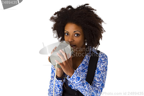 Image of African american woman with can phone