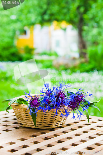 Image of Bunch of cornflowers in a wicker basket. Summer background