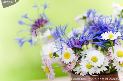 Image of Bouquet of daisies on the table in the garden. Summer background