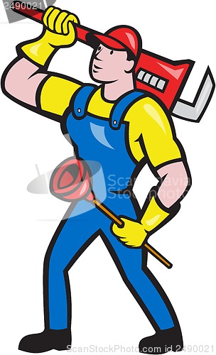 Image of Plumber Carrying Wrench Plunger Cartoon