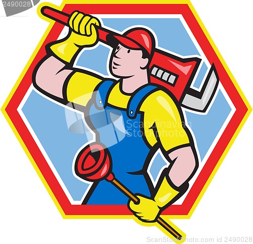 Image of Plumber Holding Plunger Wrench Cartoon