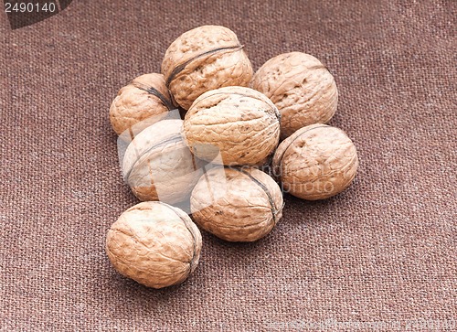 Image of walnuts close up on the burlap background