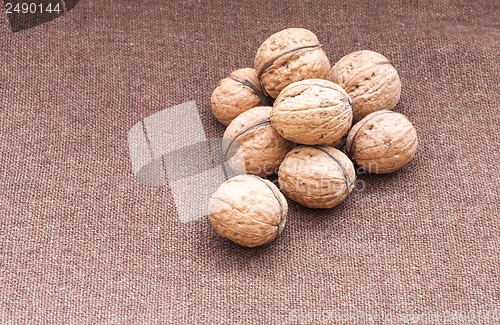 Image of walnuts close up on the burlap background