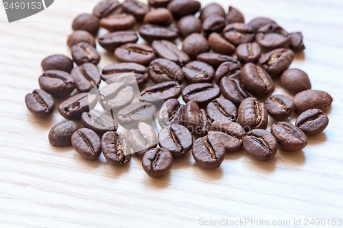 Image of coffee beans on white wooden background