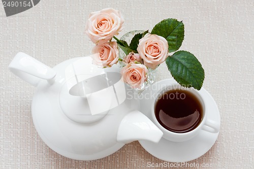 Image of teapot, cup, and  roses on a plate