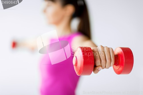 Image of sporty woman hands with light red dumbbells