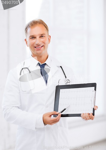Image of male doctor with stethoscope showing cardiogram