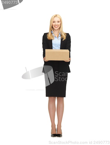 Image of businesswoman delivering cardboard box