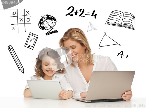 Image of girl and mother with tablet and laptop