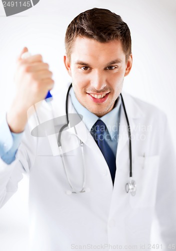 Image of evil doctor holding syringe with injection