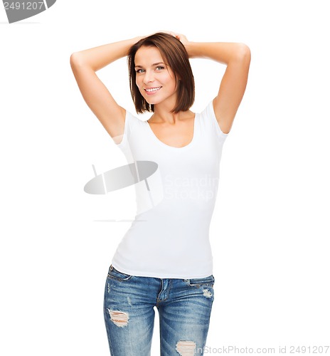 Image of smiling woman in blank white t-shirt