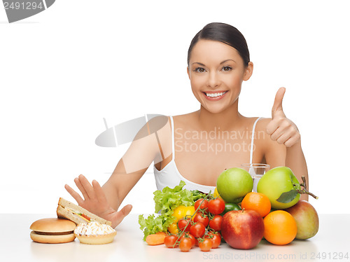 Image of woman with fruits showing thumbs up