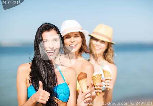 Image of girls in bikini with ice cream on the beach