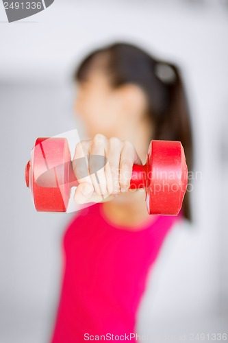 Image of sporty woman hands with light red dumbbells