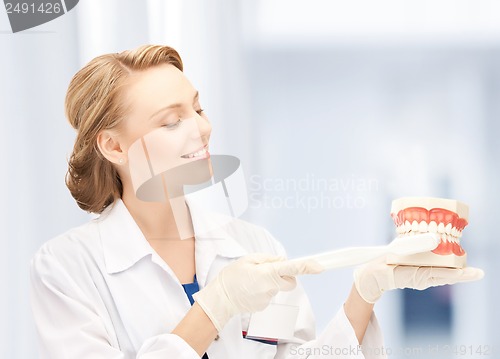 Image of doctor with toothbrush and jaws in hospital