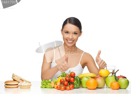 Image of woman with fruits showing thumbs up