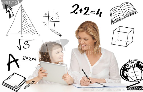 Image of girl and mother doing homework with tablet pc