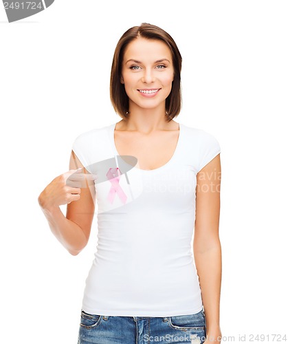 Image of woman in blank t-shirt with pink cancer ribbon