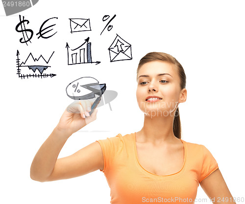 Image of businesswoman drawing financial signs