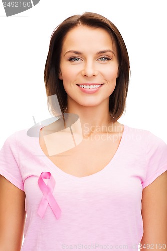 Image of woman in blank t-shirt with pink cancer ribbon