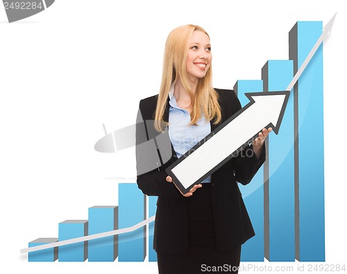 Image of businesswoman with rising graph and arrow