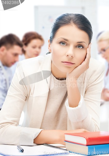 Image of stressed businesswoman in office