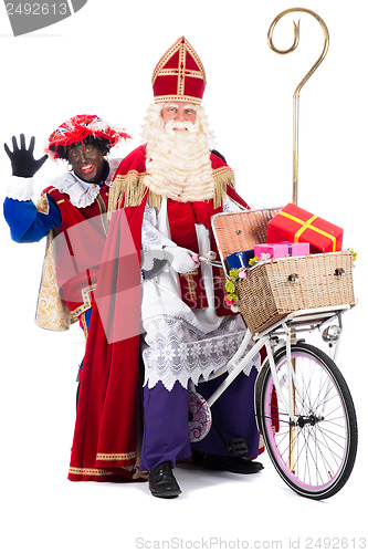 Image of Sinterklaas and Black Pete on a bike