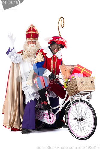 Image of Sinterklaas and Black Pete on a bike