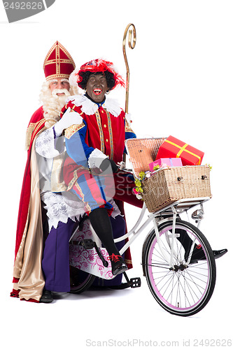 Image of Sinterklaas and Black Pete on a bike