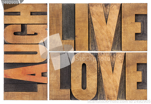 Image of live, love, laugh in wood type