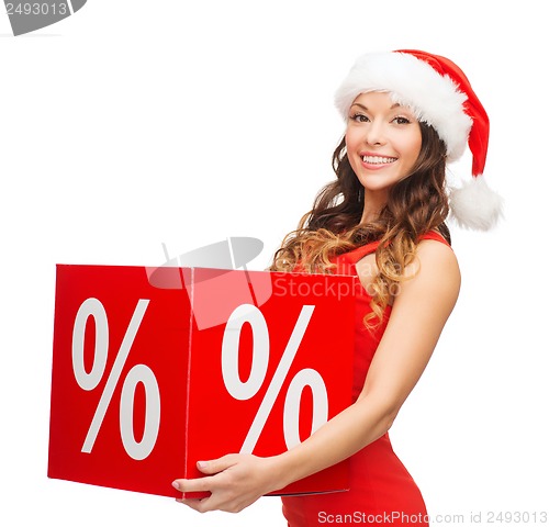 Image of woman in santa helper hat with percent sign
