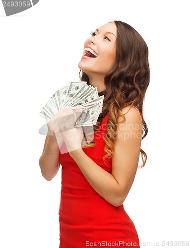 Image of woman in red dress with us dollar money