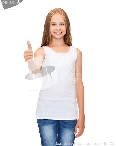 Image of girl in blank white shirt showing thumbs up