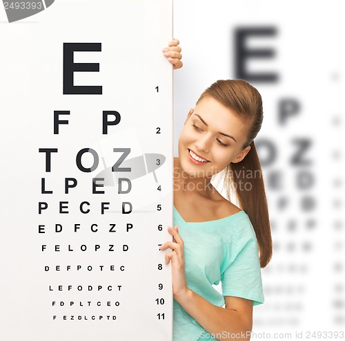 Image of woman in eyeglasses with eye chart