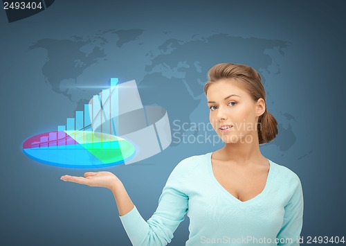Image of businesswoman with virtual charts and graphs