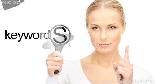 Image of woman with magnifying glass and keywords word