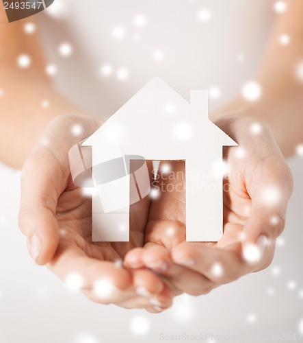 Image of woman hands holding paper house