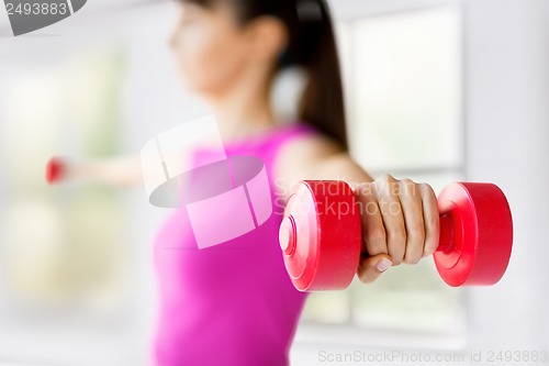 Image of sporty woman hands with light red dumbbells