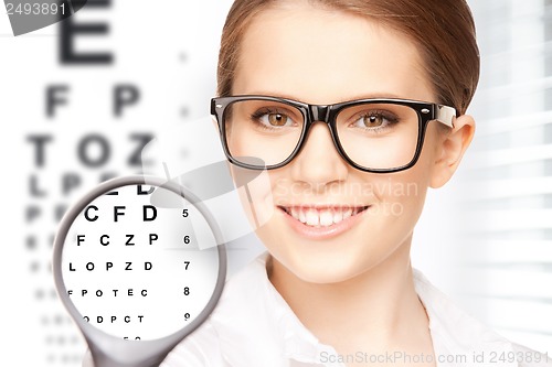 Image of woman with magnifier and eye chart