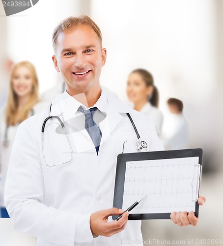 Image of male doctor with stethoscope showing cardiogram