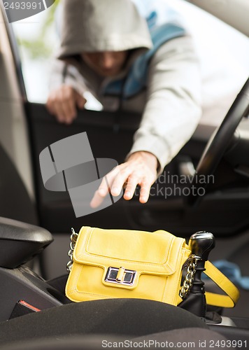 Image of thief stealing bag from the car