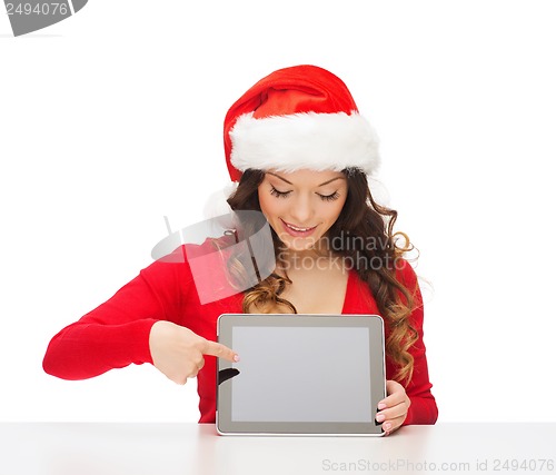 Image of woman in santa helper hat with tablet pc