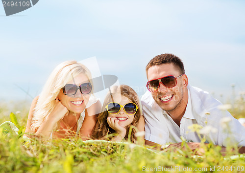Image of happy family with blue sky and green grass
