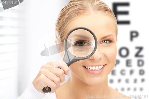 Image of woman with magnifier and eye chart